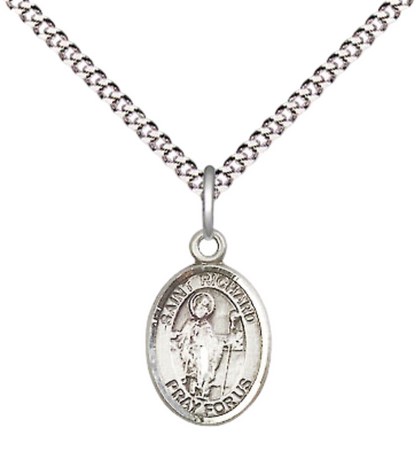 Small Sized Women's .925 Sterling Silver Saint St. Richard Medal Pendant on 18 Inch Rhodium Plated Lite Curb Brass Chain with Lobster Claw Clasp, Catholic Religious Necklace - Made in USA- Velvet Gift Box