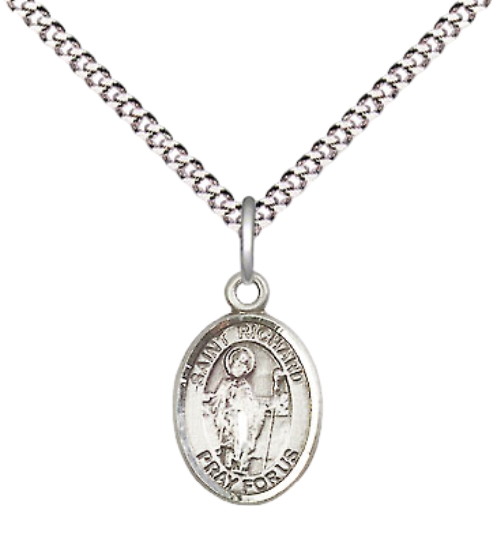 Small Sized Women's Pewter Saint St. Richard Medal Pendant on 18 Inch Rhodium Plated Lite Curb Brass Chain with Lobster Claw Clasp, Catholic Religious Necklace - Made in USA- Velvet Gift Box