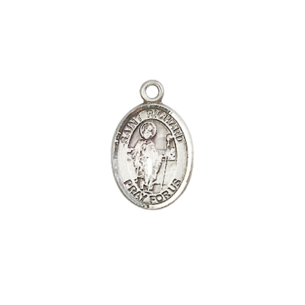 Small Sized Men's Pewter Saint St. Richard Medal Pendant on 24 Inch Endless Rhodium Plated Heavy Curb Brass Chain, Catholic Religious Necklace - Made in USA- Deluxe Velvet Gift Box