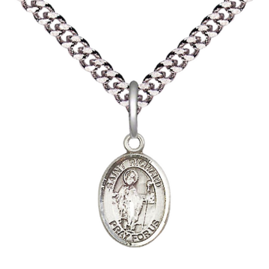 Small Sized Men's Pewter Saint St. Richard Medal Pendant on 24 Inch Endless Rhodium Plated Heavy Curb Brass Chain, Catholic Religious Necklace - Made in USA- Deluxe Velvet Gift Box