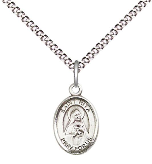 Small Sized Women's Pewter Saint St. Rita of Cascia Medal Pendant on 18 Inch Rhodium Plated Lite Curb Brass Chain with Lobster Claw Clasp, Catholic Religious Necklace - Made in USA- Velvet Gift Box