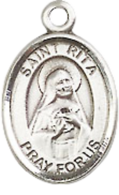 Small Sized Women's Pewter Saint St. Rita of Cascia Medal Pendant on 18 Inch Rhodium Plated Lite Curb Brass Chain with Lobster Claw Clasp, Catholic Religious Necklace - Made in USA- Velvet Gift Box
