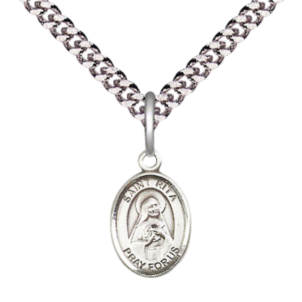 Small Sized Men's Pewter Saint St. Rita of Cascia Medal Pendant on 24 Inch Endless Rhodium Plated Heavy Curb Brass Chain, Catholic Religious Necklace - Made in USA- Deluxe Velvet Gift Box