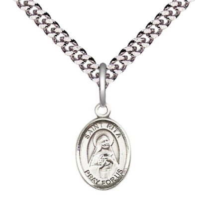 Small Sized Men's Pewter Saint St. Rita of Cascia Medal Pendant on 24 Inch Endless Rhodium Plated Heavy Curb Brass Chain, Catholic Religious Necklace - Made in USA- Deluxe Velvet Gift Box