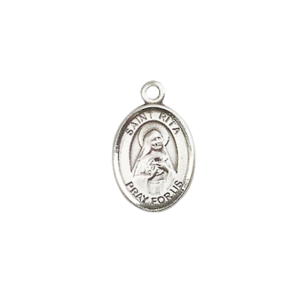 Small Sized Men's Pewter Saint St. Rita of Cascia Medal Pendant on 24 Inch Endless Rhodium Plated Heavy Curb Brass Chain, Catholic Religious Necklace - Made in USA- Deluxe Velvet Gift Box