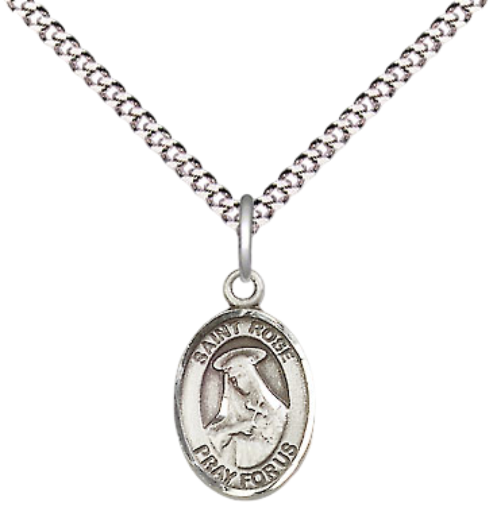 Small Sized Women's Pewter Saint St. Rose of Lima Medal Pendant on 18 Inch Rhodium Plated Lite Curb Brass Chain with Lobster Claw Clasp, Catholic Religious Necklace - Made in USA- Velvet Gift Box