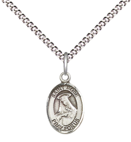 Small Sized Women's Pewter Saint St. Rose of Lima Medal Pendant on 18 Inch Rhodium Plated Lite Curb Brass Chain with Lobster Claw Clasp, Catholic Religious Necklace - Made in USA- Velvet Gift Box