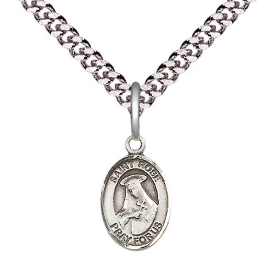 Small Sized Men's Pewter Saint St. Rose of Lima Medal Pendant on 24 Inch Endless Rhodium Plated Heavy Curb Brass Chain, Catholic Religious Necklace - Made in USA- Deluxe Velvet Gift Box