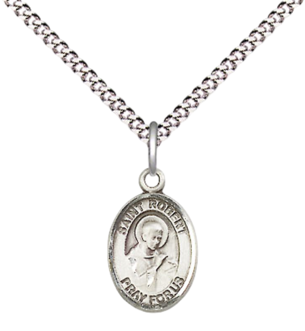 Small Sized Women's Pewter Saint St. Robert Bellarmine Medal Pendant on 18 Inch Rhodium Plated Lite Curb Brass Chain with Lobster Claw Clasp, Catholic Religious Necklace - Made in USA- Velvet Gift Box