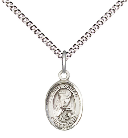 Small Sized Women's Pewter Saint St. Sarah Medal Pendant on 18 Inch Rhodium Plated Lite Curb Brass Chain with Lobster Claw Clasp, Catholic Religious Necklace - Made in USA- Velvet Gift Box