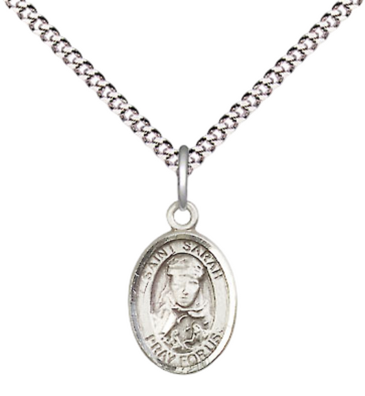 Small Sized Women's Pewter Saint St. Sarah Medal Pendant on 18 Inch Rhodium Plated Lite Curb Brass Chain with Lobster Claw Clasp, Catholic Religious Necklace - Made in USA- Velvet Gift Box