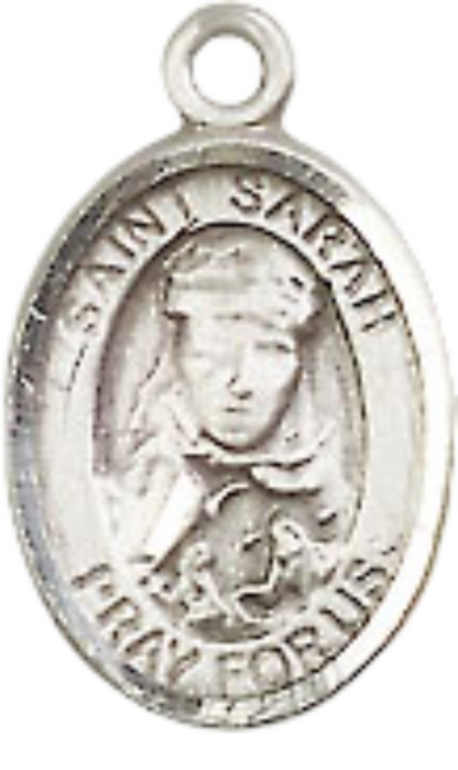 Small Sized Women's Pewter Saint St. Sarah Medal Pendant on 18 Inch Rhodium Plated Lite Curb Brass Chain with Lobster Claw Clasp, Catholic Religious Necklace - Made in USA- Velvet Gift Box
