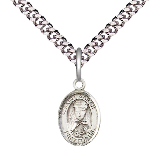 Everlasting Light Jewelry Small Sized Men's Pewter Saint St. Sarah Medal Pendant on 24 Inch Endless Rhodium Plated Heavy Curb Brass Chain, Catholic Religious Necklace - Made in USA- Deluxe Velvet Gift Box