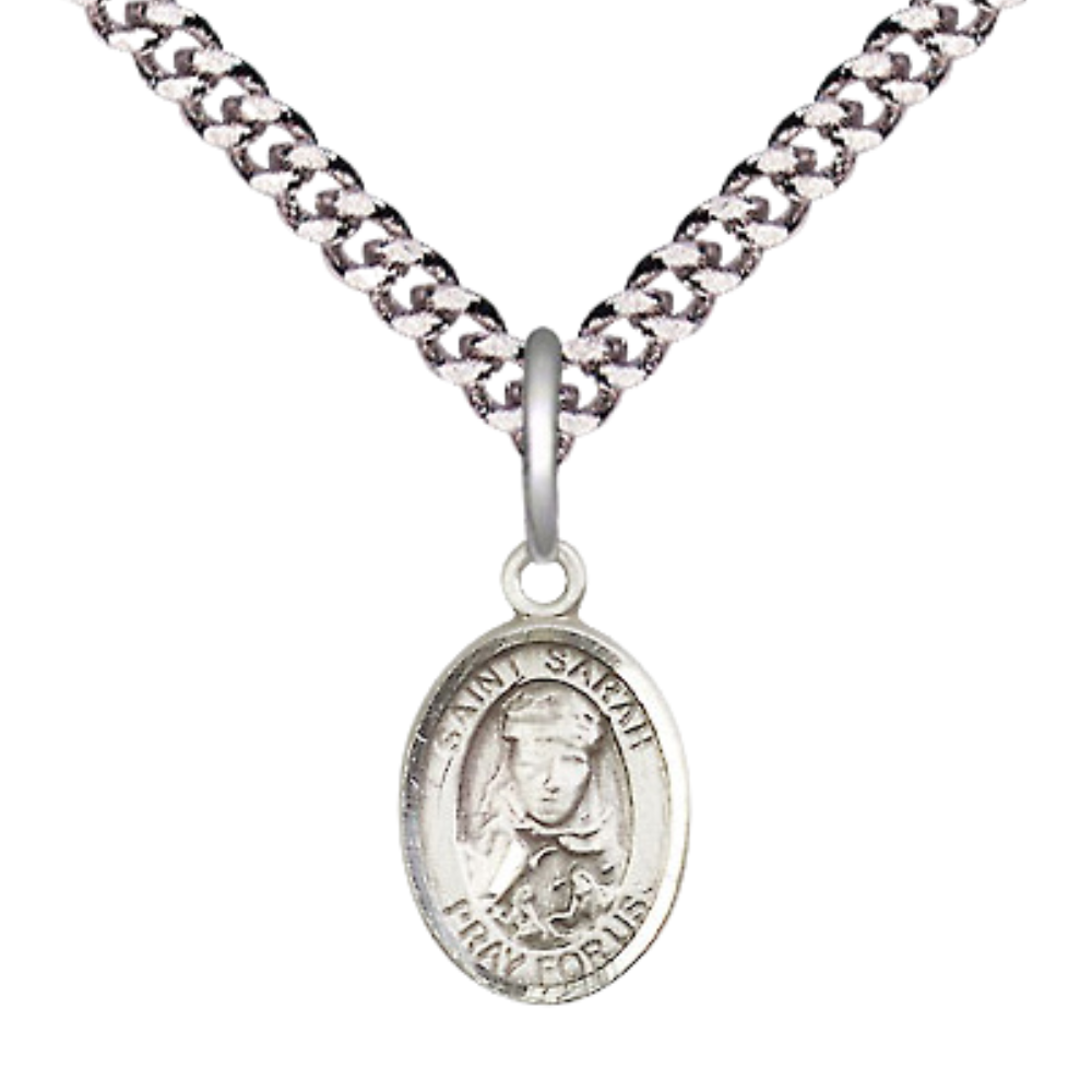 Small Sized Men's .925 Sterling Silver Saint St. Sarah Medal Pendant on 24 Inch Endless Rhodium Plated Heavy Curb Brass Chain, Catholic Religious Necklace - Made in USA- Deluxe Velvet Gift Box