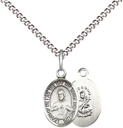 Small Sized Women's Pewter Scapular Medal Pendant on 18 Inch Rhodium Plated Lite Curb Brass Chain with Lobster Claw Clasp, Catholic Religious Necklace - Made in USA- Velvet Gift Box