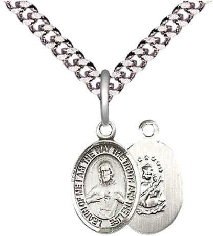 Everlasting Light Jewelry Small Sized Men's Pewter Scapular Medal Pendant on 24 Inch Endless Rhodium Plated Heavy Curb Brass Chain, Catholic Religious Necklace - Made in USA- Deluxe Velvet Gift Box