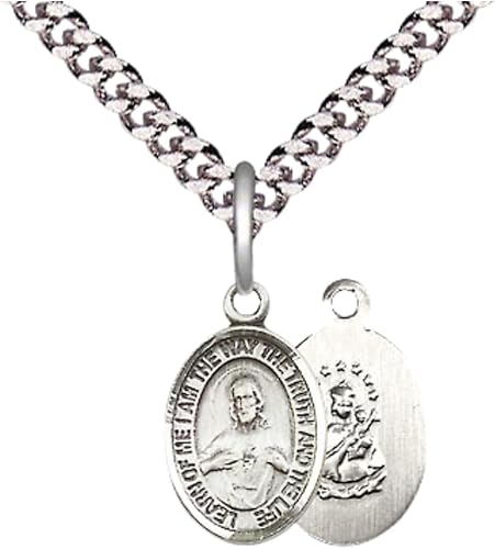 Everlasting Light Jewelry Small Sized Men's Pewter Scapular Medal Pendant on 24 Inch Endless Rhodium Plated Heavy Curb Brass Chain, Catholic Religious Necklace - Made in USA- Deluxe Velvet Gift Box