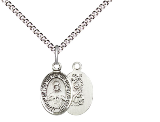 Small Sized Women's .925 Sterling Silver Scapular Medal Pendant on 18 Inch Rhodium Plated Lite Curb Brass Chain with Lobster Claw Clasp, Catholic Religious Necklace - Made in USA- Velvet Gift Box