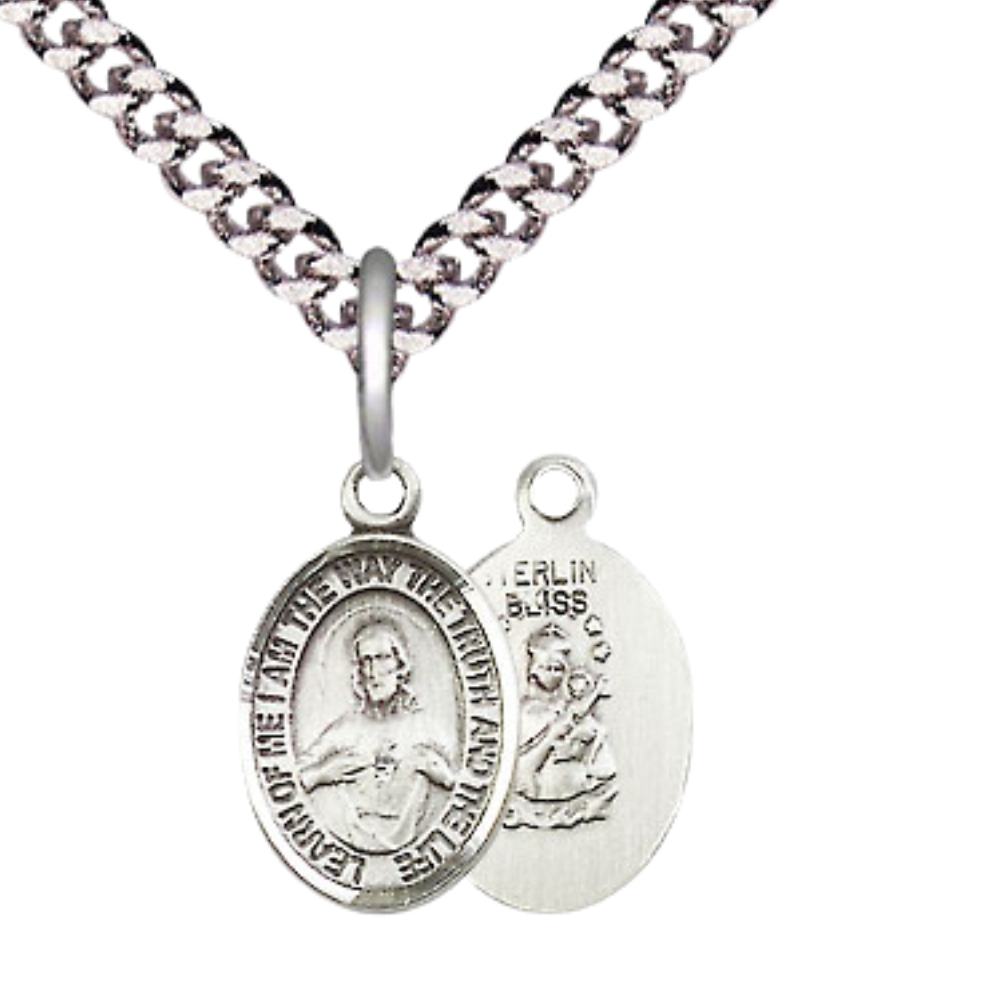 Small Sized Men's .925 Sterling Silver Scapular Medal Pendant on 24 Inch Endless Rhodium Plated Heavy Curb Brass Chain, Catholic Religious Necklace - Made in USA- Deluxe Velvet Gift Box