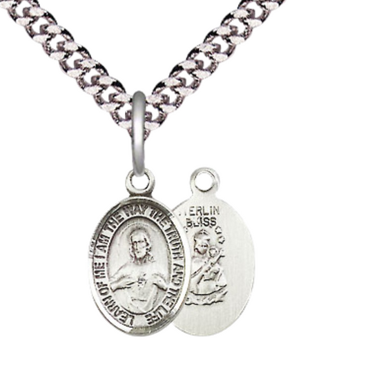 Small Sized Men's .925 Sterling Silver Scapular Medal Pendant on 24 Inch Endless Rhodium Plated Heavy Curb Brass Chain, Catholic Religious Necklace - Made in USA- Deluxe Velvet Gift Box