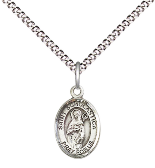 Small Sized Women's .925 Sterling Silver Saint Scholastica Medal Pendant on 18 Inch Rhodium Plated Lite Curb Brass Chain with Lobster Claw Clasp, Catholic Religious Necklace - Made in USA- Velvet Gift Box