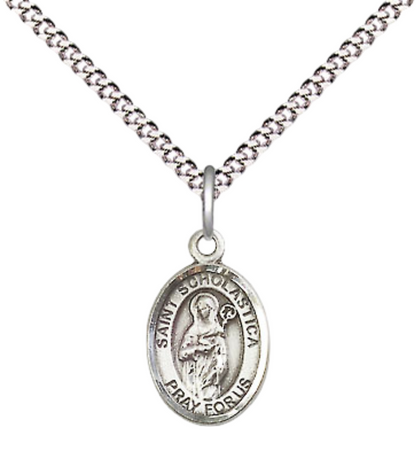 Small Sized Women's Pewter Saint St. Scholastica Medal Pendant on 18 Inch Rhodium Plated Lite Curb Brass Chain with Lobster Claw Clasp, Catholic Religious Necklace - Made in USA- Velvet Gift Box