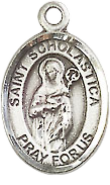 Small Sized Women's .925 Sterling Silver Saint Scholastica Medal Pendant on 18 Inch Rhodium Plated Lite Curb Brass Chain with Lobster Claw Clasp, Catholic Religious Necklace - Made in USA- Velvet Gift Box