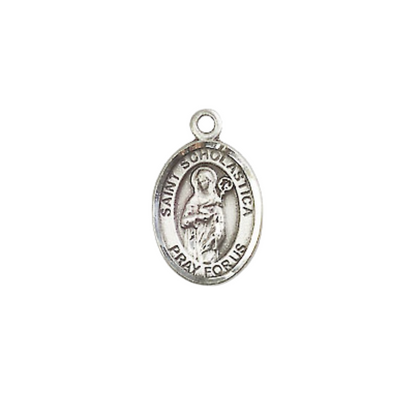 Small Sized Men's Pewter Saint St. Scholastica Medal Pendant on 24 Inch Endless Rhodium Plated Heavy Curb Brass Chain, Catholic Religious Necklace - Made in USA- Deluxe Velvet Gift Box