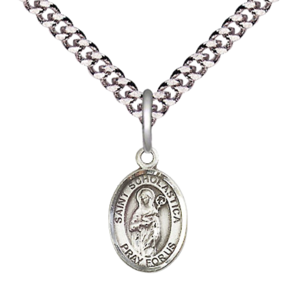 Small Sized Men's Pewter Saint St. Scholastica Medal Pendant on 24 Inch Endless Rhodium Plated Heavy Curb Brass Chain, Catholic Religious Necklace - Made in USA- Deluxe Velvet Gift Box