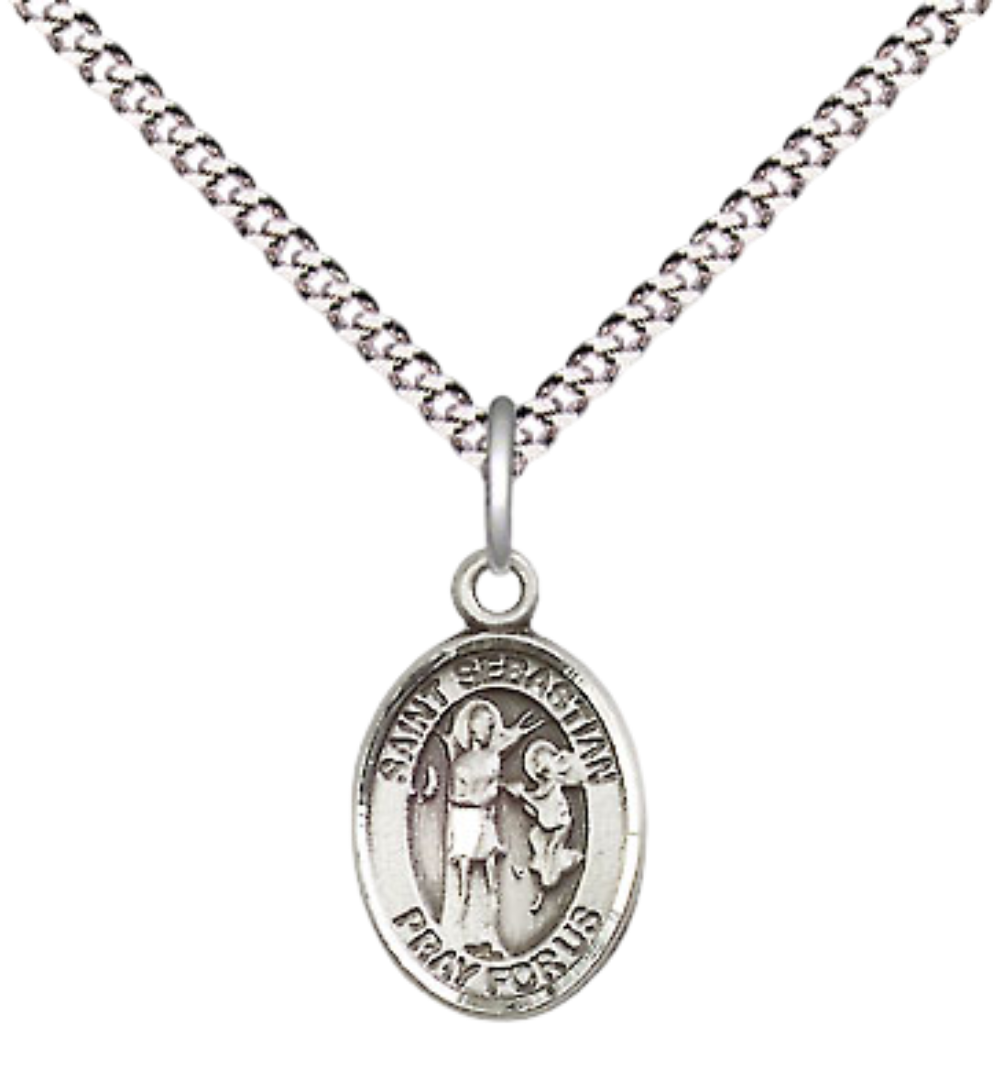 Small Sized Women's Pewter Saint St. Sebastian Medal Pendant on 18 Inch Rhodium Plated Lite Curb Brass Chain with Lobster Claw Clasp, Catholic Religious Necklace - Made in USA- Velvet Gift Box