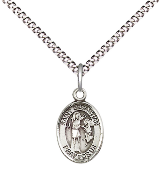 Small Sized Women's Pewter Saint St. Sebastian Medal Pendant on 18 Inch Rhodium Plated Lite Curb Brass Chain with Lobster Claw Clasp, Catholic Religious Necklace - Made in USA- Velvet Gift Box
