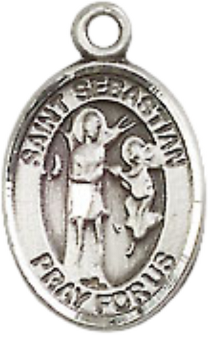 Small Sized Women's Pewter Saint St. Sebastian Medal Pendant on 18 Inch Rhodium Plated Lite Curb Brass Chain with Lobster Claw Clasp, Catholic Religious Necklace - Made in USA- Velvet Gift Box