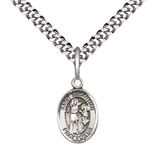 Small Sized Men's Pewter Saint St. Sebastian Medal Pendant on 24 Inch Endless Rhodium Plated Heavy Curb Brass Chain, Catholic Religious Necklace - Made in USA- Deluxe Velvet Gift Box