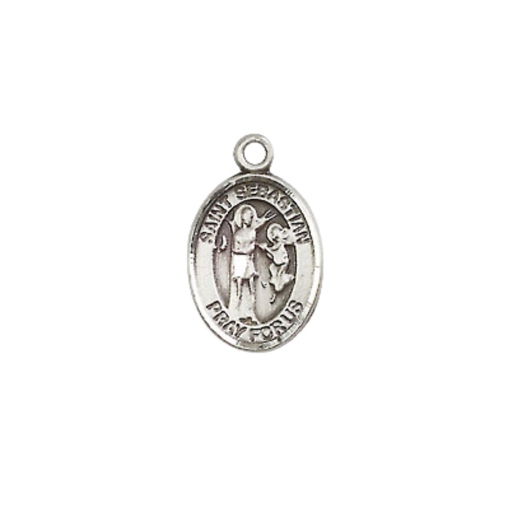 Small Sized Men's Pewter Saint St. Sebastian Medal Pendant on 24 Inch Endless Rhodium Plated Heavy Curb Brass Chain, Catholic Religious Necklace - Made in USA- Deluxe Velvet Gift Box
