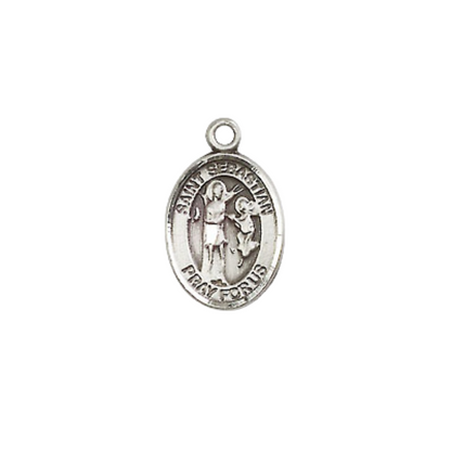 Small Sized Men's Pewter Saint St. Sebastian Medal Pendant on 24 Inch Endless Rhodium Plated Heavy Curb Brass Chain, Catholic Religious Necklace - Made in USA- Deluxe Velvet Gift Box