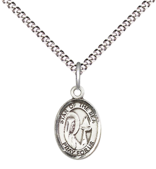 Small Sized Women's Pewter Our Lady Star of the Sea Medal Pendant on 18 Inch Rhodium Plated Lite Curb Brass Chain with Lobster Claw Clasp, Catholic Religious Necklace - Made in USA- Velvet Gift Box
