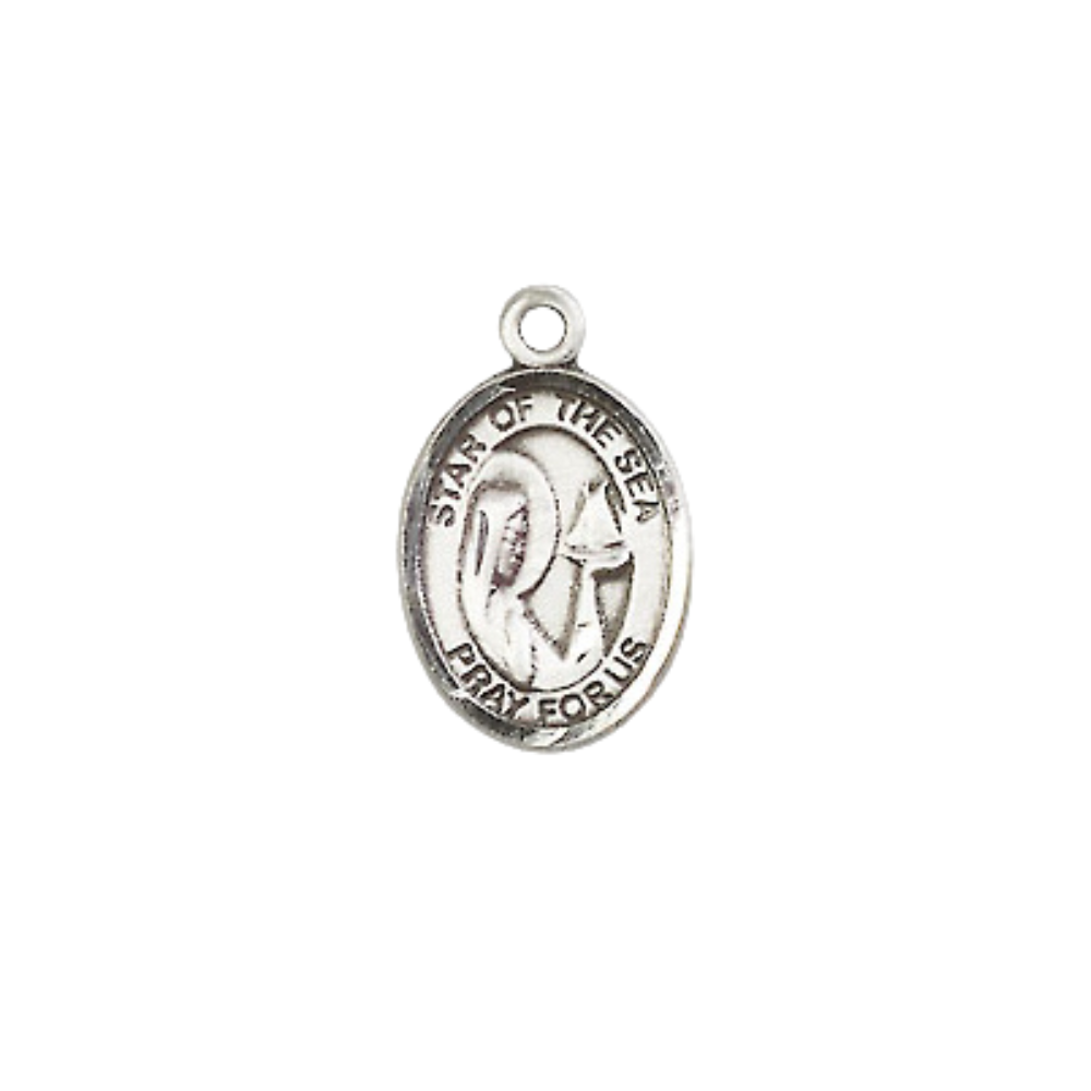 Small Sized Men's Pewter Our Lady Star of the Sea Medal Pendant on 24 Inch Endless Rhodium Plated Heavy Curb Brass Chain, Catholic Religious Necklace - Made in USA- Deluxe Velvet Gift Box