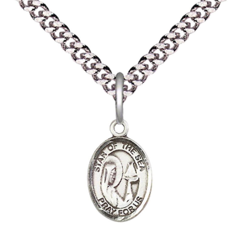 Small Sized Men's .925 Sterling Silver Our Lady Star of the Sea Medal Pendant on 24 Inch Endless Rhodium Plated Heavy Curb Brass Chain, Catholic Religious Necklace - Made in USA- Deluxe Velvet Gift Box