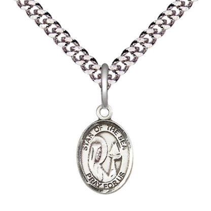 Small Sized Men's .925 Sterling Silver Our Lady Star of the Sea Medal Pendant on 24 Inch Endless Rhodium Plated Heavy Curb Brass Chain, Catholic Religious Necklace - Made in USA- Deluxe Velvet Gift Box