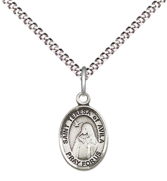 Small Sized Women's .925 Sterling Silver Saint St. Teresa of Avila Medal Pendant on 18 Inch Rhodium Plated Lite Curb Brass Chain with Lobster Claw Clasp, Catholic Religious Necklace - Made in USA- Velvet Gift Box