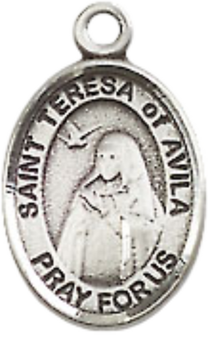 Small Sized Women's Pewter Saint Teresa of Avila Medal Pendant on 18 Inch Rhodium Plated Lite Curb Brass Chain with Lobster Claw Clasp, Catholic Religious Necklace - Made in USA- Velvet Gift Box