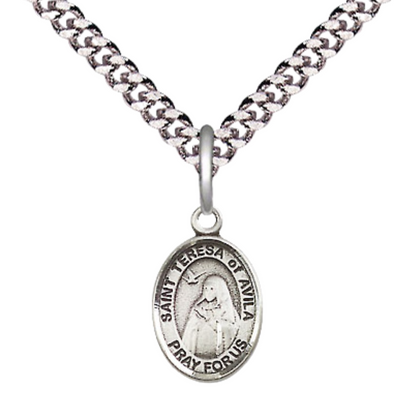 Small Sized Men's Pewter Saint St. Teresa of Avila Medal Pendant on 24 Inch Endless Rhodium Plated Heavy Curb Brass Chain, Catholic Religious Necklace - Made in USA- Deluxe Velvet Gift Box
