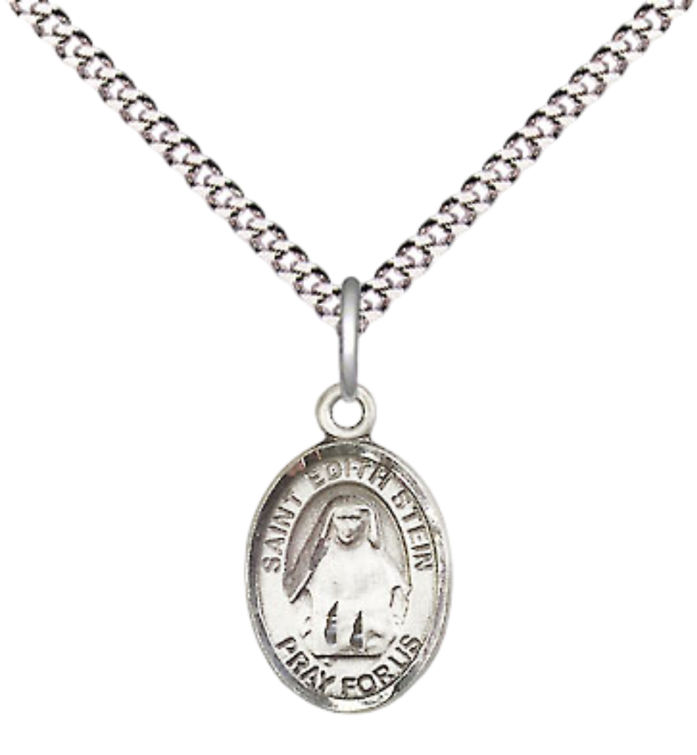 Small Sized Women's Pewter Saint Edith Stein Medal Pendant on 18 Inch Rhodium Plated Lite Curb Brass Chain with Lobster Claw Clasp, Catholic Religious Necklace - Made in USA- Velvet Gift Box
