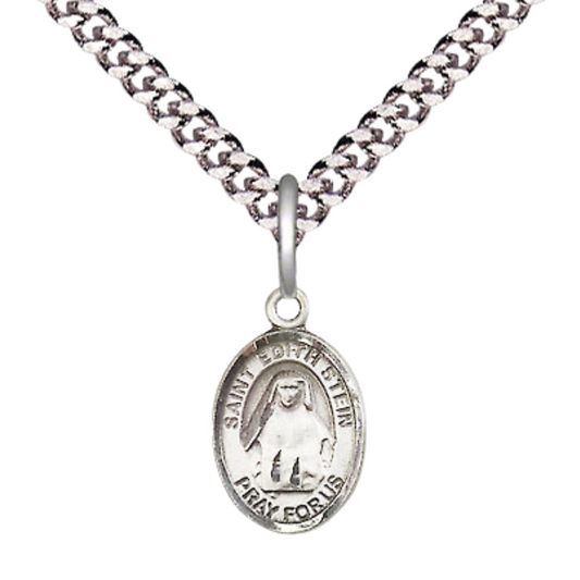 Small Sized Men's Pewter Saint St. Edith Stein Medal Pendant on 24 Inch Endless Rhodium Plated Heavy Curb Brass Chain, Catholic Religious Necklace - Made in USA- Deluxe Velvet Gift Box