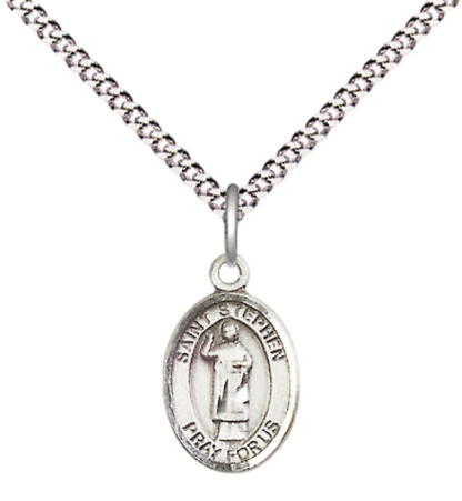 Small Sized Women's Pewter Saint St.ephen the Martyr Medal Pendant on 18 Inch Rhodium Plated Lite Curb Brass Chain with Lobster Claw Clasp, Catholic Religious Necklace - Made in USA- Velvet Gift Box