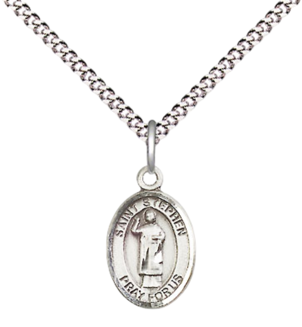Small Sized Women's .925 Sterling Silver Saint St. ephen the Martyr Medal Pendant on 18 Inch Rhodium Plated Lite Curb Brass Chain w/ Lobster Claw Clasp, Catholic Religious Necklace - Made in USA- Velvet Gift Box