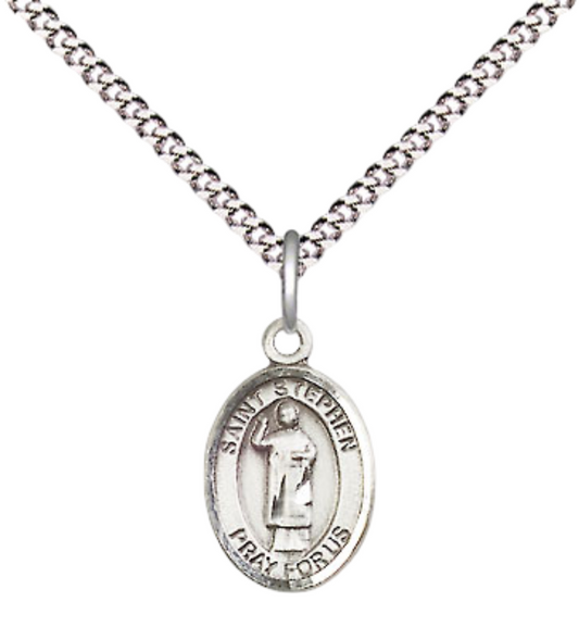 Small Sized Women's .925 Sterling Silver Saint St. ephen the Martyr Medal Pendant on 18 Inch Rhodium Plated Lite Curb Brass Chain w/ Lobster Claw Clasp, Catholic Religious Necklace - Made in USA- Velvet Gift Box