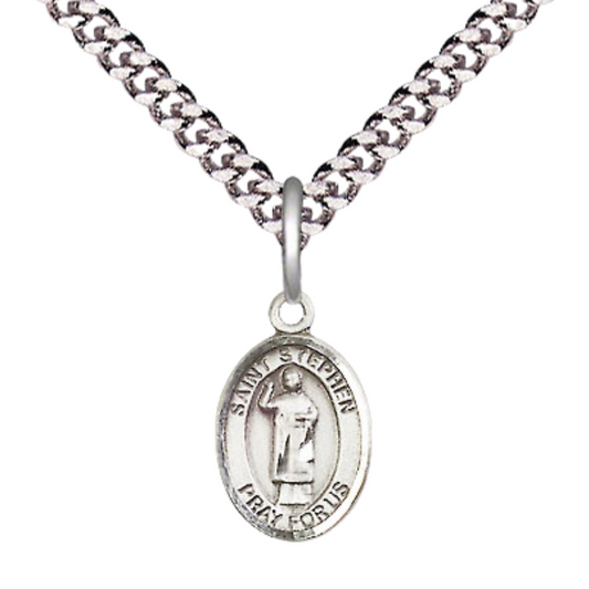 Small Sized Men's .925 Sterling Silver Saint St. Stephen the Martyr Medal Pendant on 24 Inch Endless Rhodium Plated Heavy Curb Brass Chain, Catholic Religious Necklace - Made in USA- Deluxe Velvet Gift Box