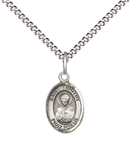 Small Sized Women's Pewter Saint Timothy Medal Pendant on 18 Inch Rhodium Plated Lite Curb Brass Chain with Lobster Claw Clasp, Catholic Religious Necklace - Made in USA- Velvet Gift Box