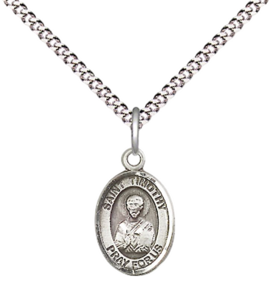 Small Sized Women's .925 Sterling Silver Saint St. Timothy Medal Pendant on 18 Inch Rhodium Plated Lite Curb Brass Chain with Lobster Claw Clasp, Catholic Religious Necklace - Made in USA- Velvet Gift Box